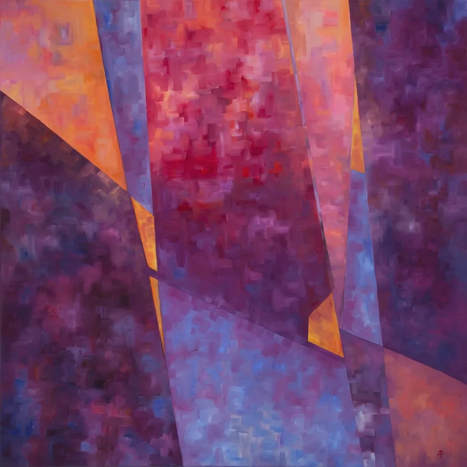 Abstract painting with layered geometric planes in shades of purple, orange, red, and blue.
