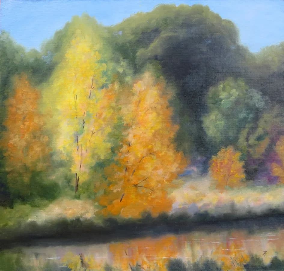 Autumn trees in yellow and orange foliage reflected in a calm river, painted in soft impressionistic strokes.