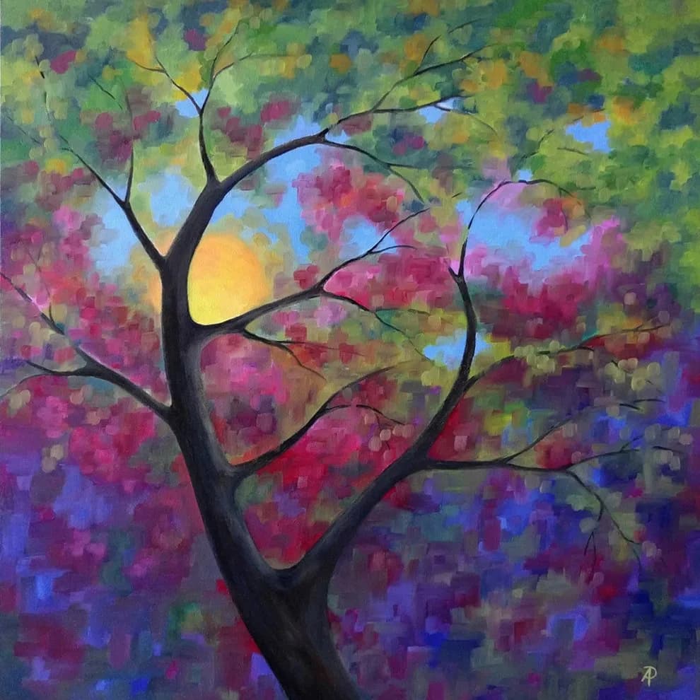A stylized flowering tree with vivid pink blossoms and a luminous yellow moon, painted in acrylic with soft impressionistic brushwork.