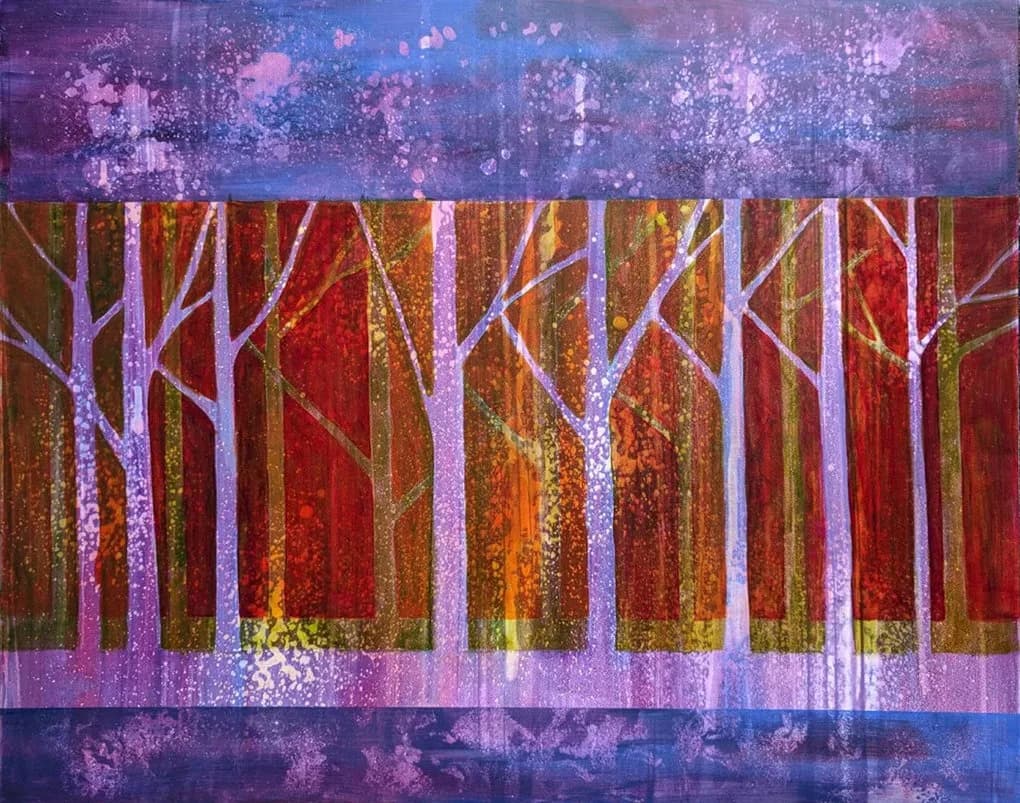 Stylized forest of glowing purple and white birch trees against warm russet and gold foliage in layered acrylic composition.