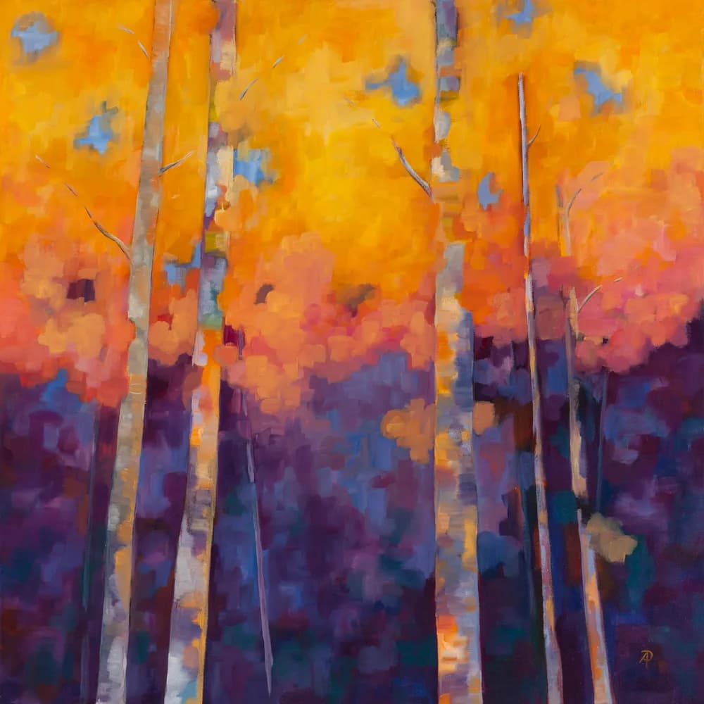 Aspen forest at sunset rendered in warm orange, amber, and purple tones with an impressionistic approach.
