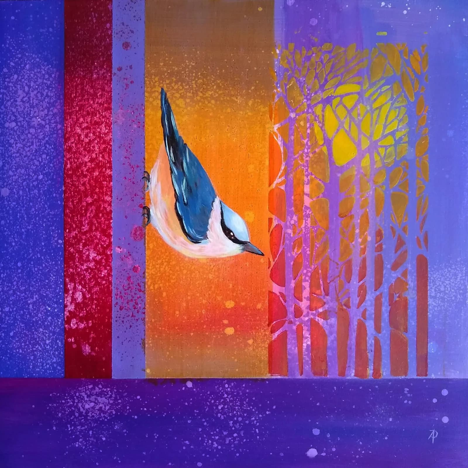 A stylized nuthatch rendered in acrylic against vibrant striped geometric forms in purple, orange, and gold.