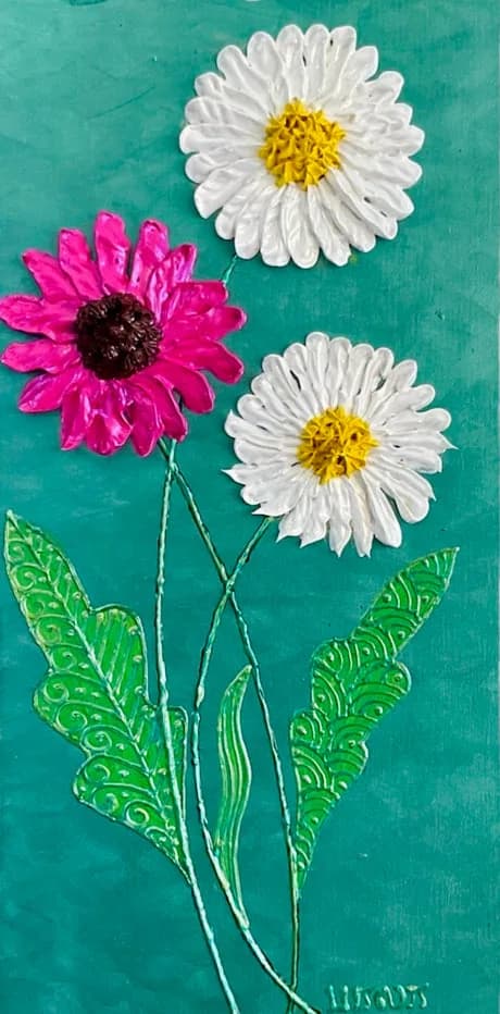 Three daisies—one bright pink and two white with yellow centers—painted in acrylic against a turquoise background.