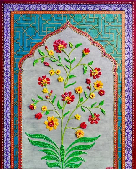 Embroidered flowering plant with red and yellow blooms against a decorative geometric border, textile folk art.
