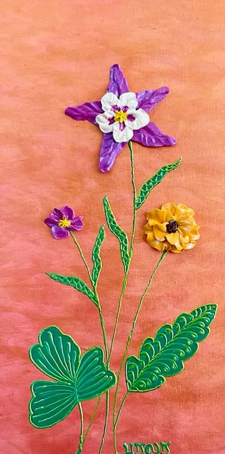 Three painted flowers with purple, white, and yellow blooms against a warm coral background.