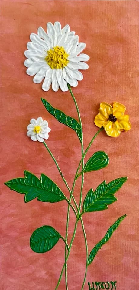 White daisy with yellow center and smaller flowers on green stems against warm terracotta background.