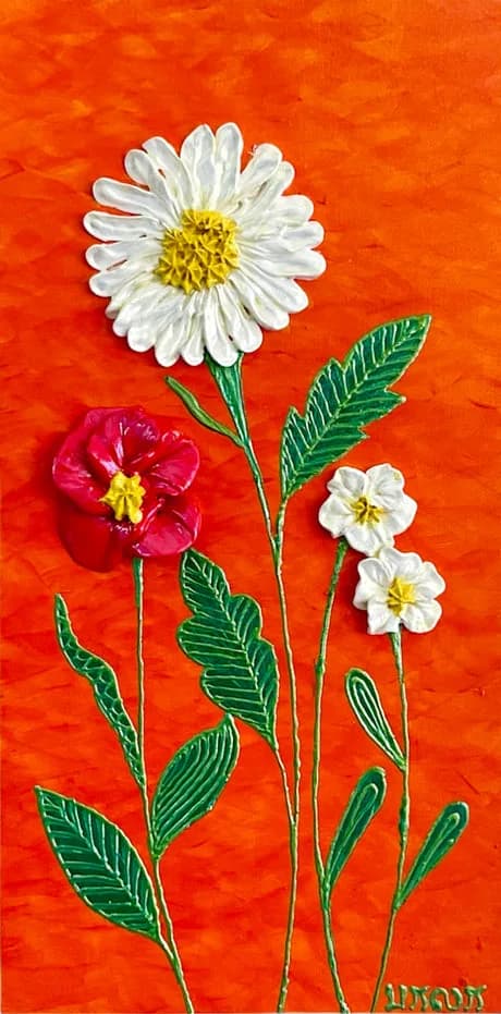 White daisies and a red flower with green stems on a vibrant orange acrylic ground.