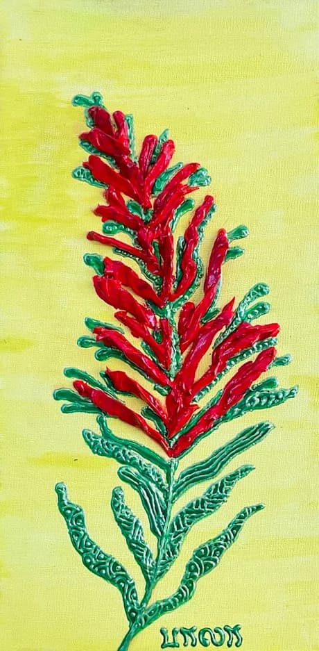 Red flower with patterned green leaves on a bright yellow background in acrylic paint.