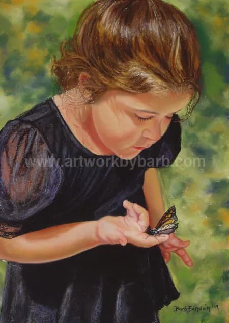 A young girl with brown hair examines a butterfly perched on her hand in soft pastel.