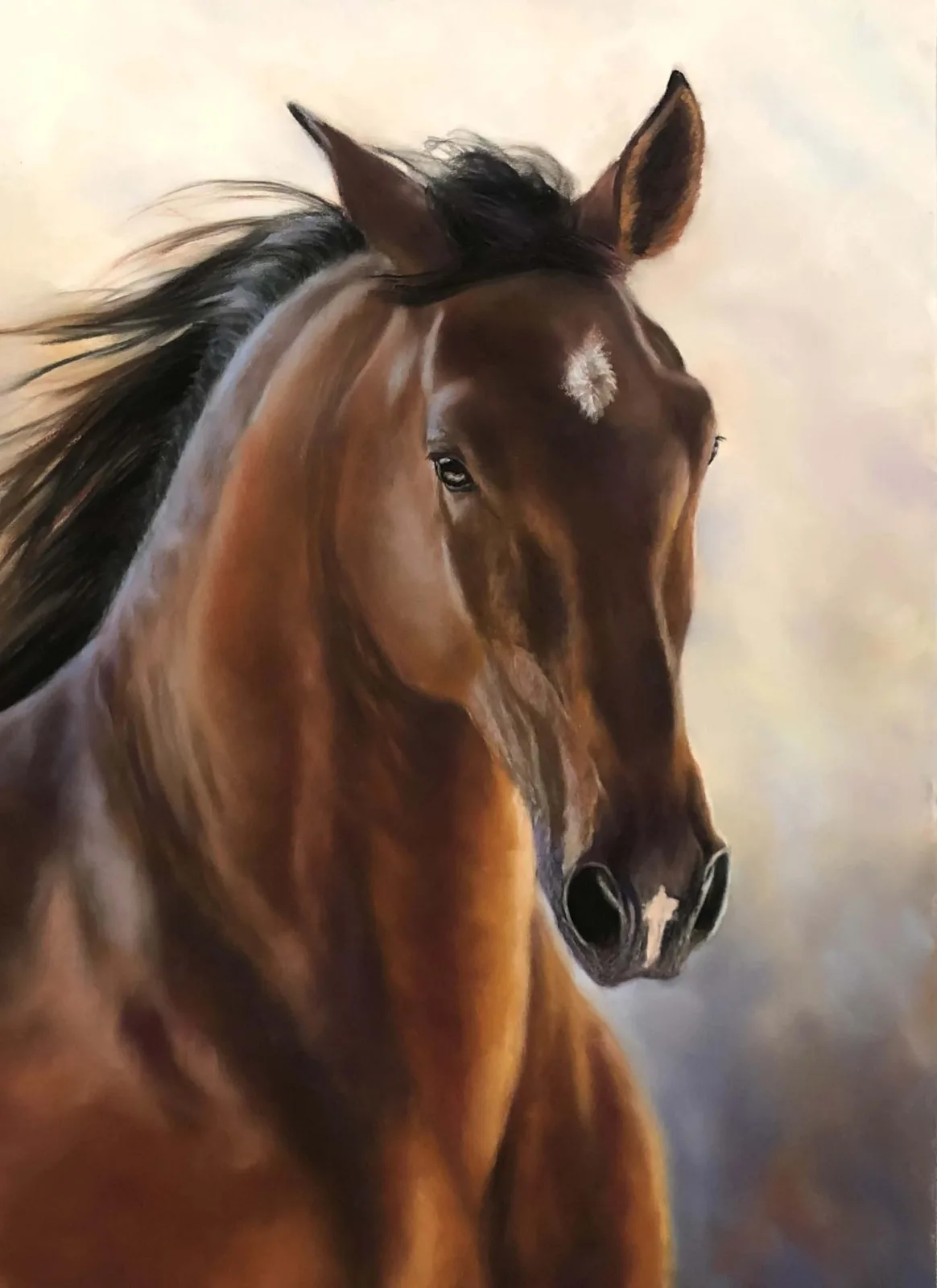Portrait of a brown horse with flowing black mane, rendered in photorealistic oil paint.