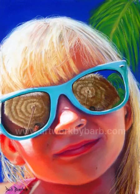 A portrait of a blonde-haired figure wearing oversized blue sunglasses and vibrant makeup in pastel.