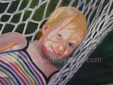 A smiling child with reddish hair clinging to a rope, rendered in vibrant oils with careful attention to flesh tones and expression.