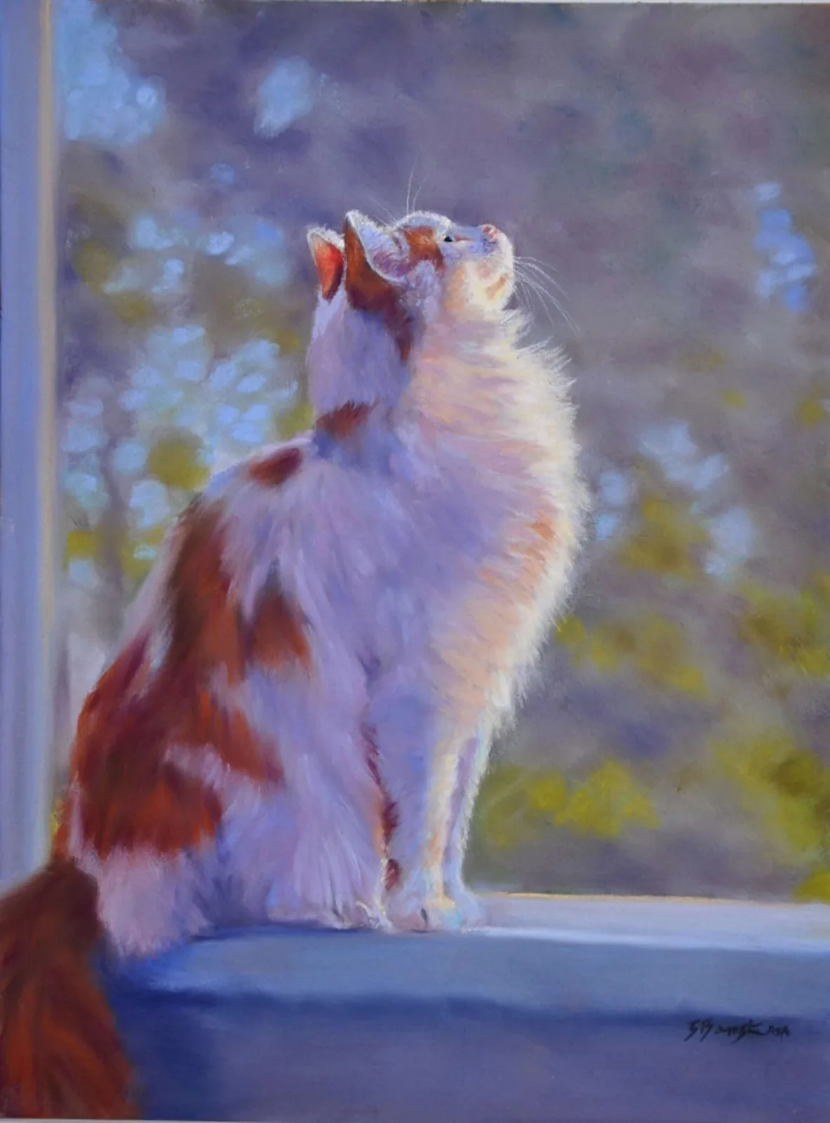 A red and white cat sits on a windowsill gazing upward in this oil painting.