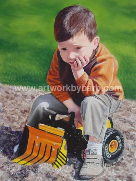 A young boy sits in sand with toy construction equipment in this photorealistic oil painting.