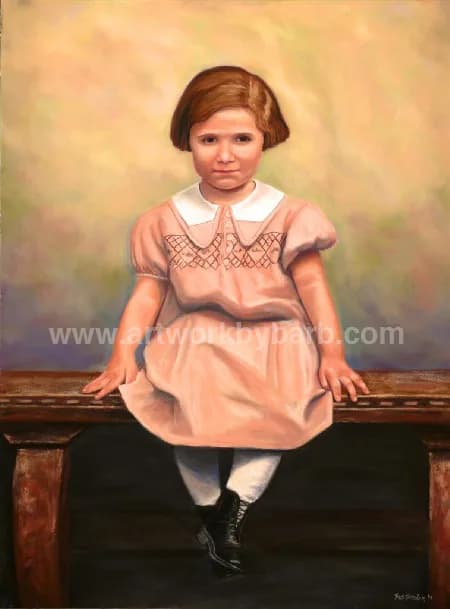 Portrait of a young girl in a pink dress seated on a dark bench, oil on canvas.