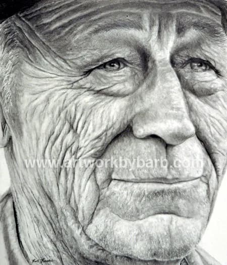 Highly detailed pencil portrait of an older man with long hair and weathered features.