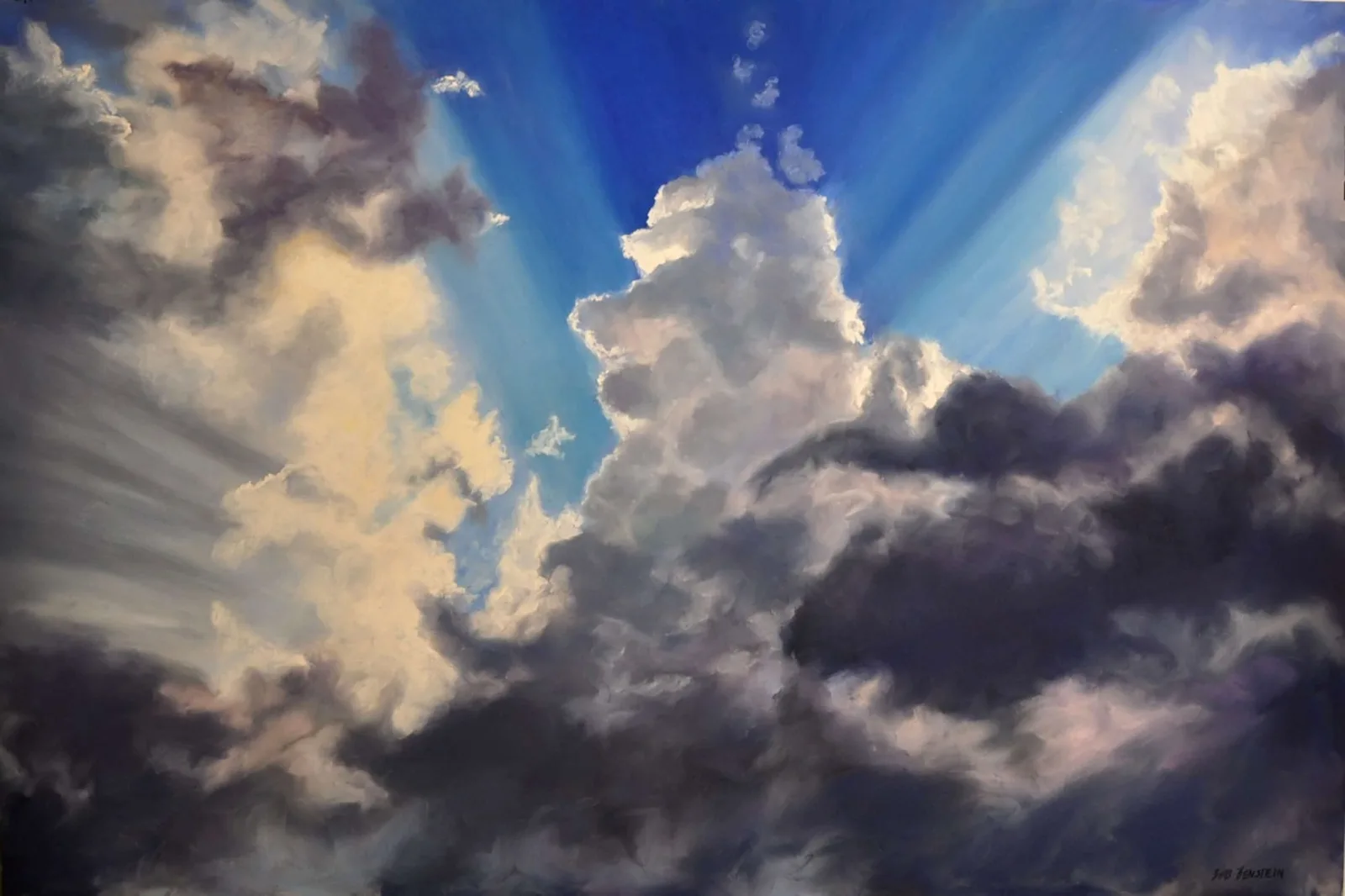 Dramatic cloud formations with golden light rays breaking through a deep blue sky in oil paint.
