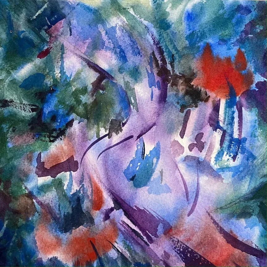Abstract watercolor composition with layered washes of blue, purple, red, and green pigments.