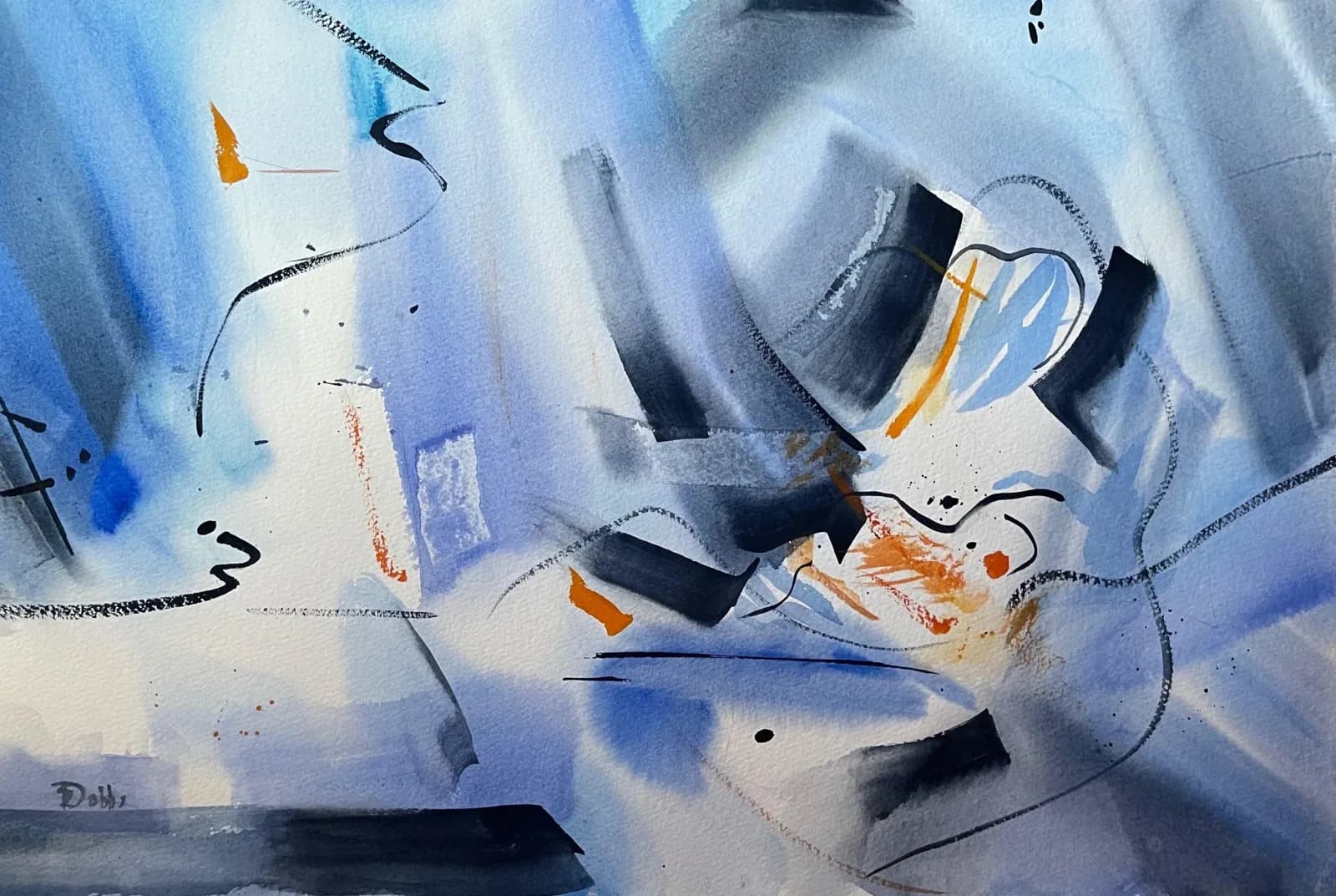 Abstract composition in acrylic and mixed media with gestural black marks, blue washes, and orange accents on white ground.