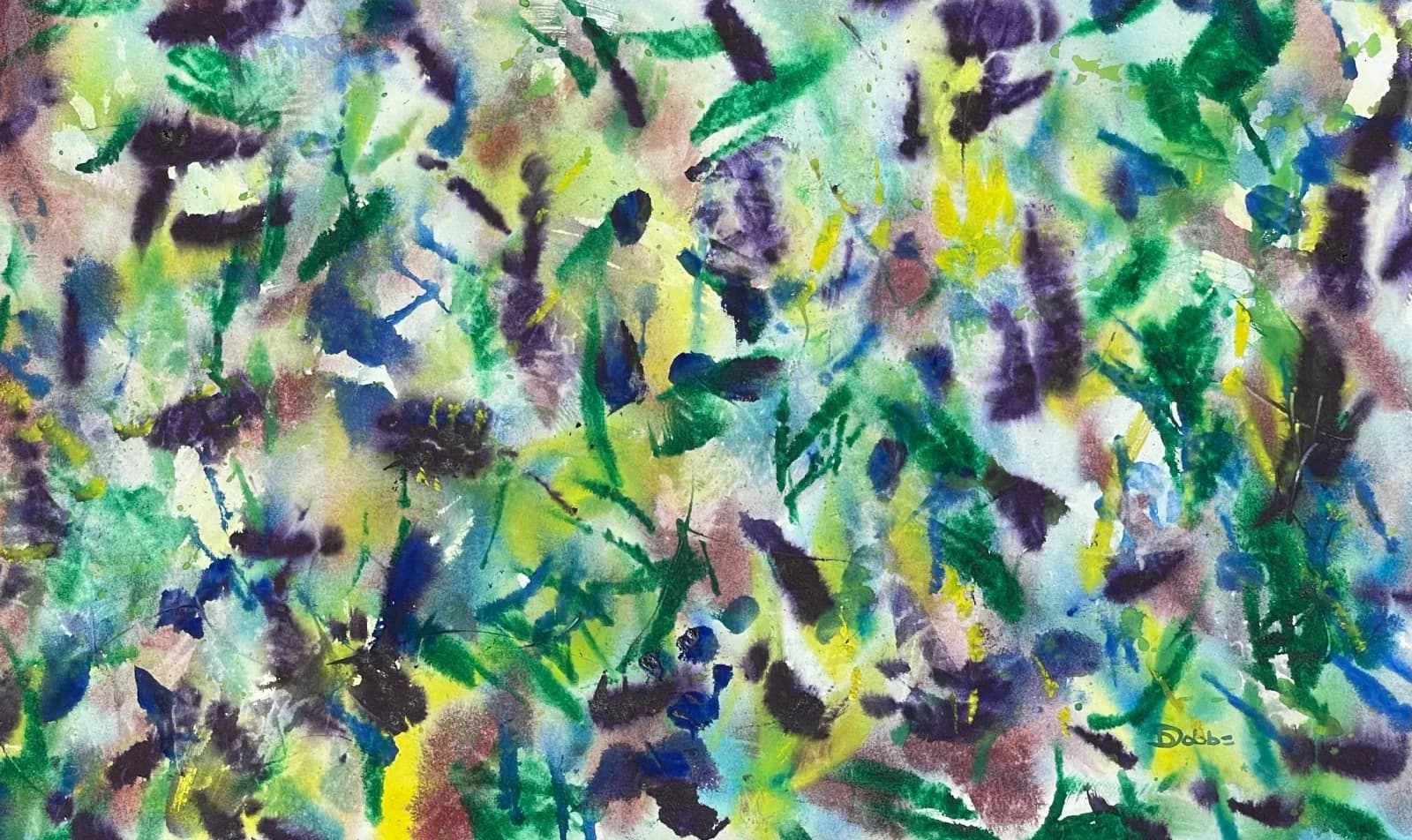Abstract watercolor painting with loose gestural marks in purple, green, yellow, and blue tones.