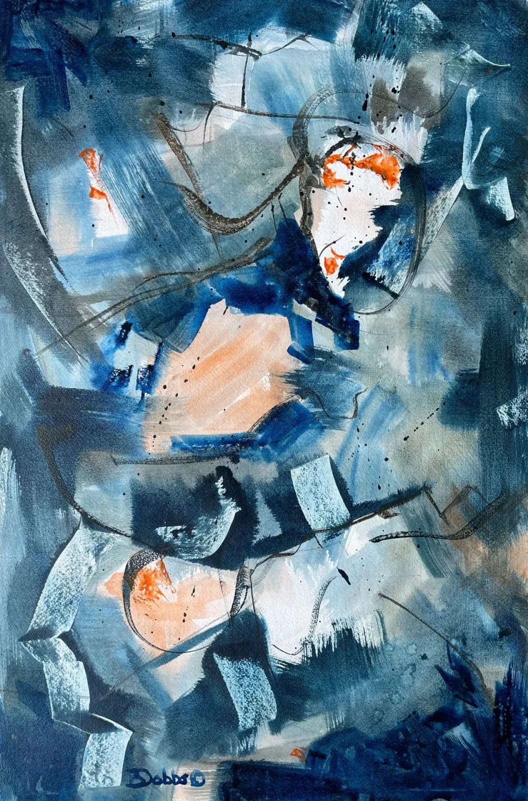 Abstract portrait with gestural blue, white, and orange brushwork on canvas.