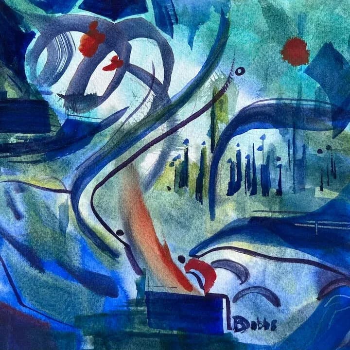 Abstract mixed-media composition with flowing lines, architectural forms, and layered turquoise and red accents.
