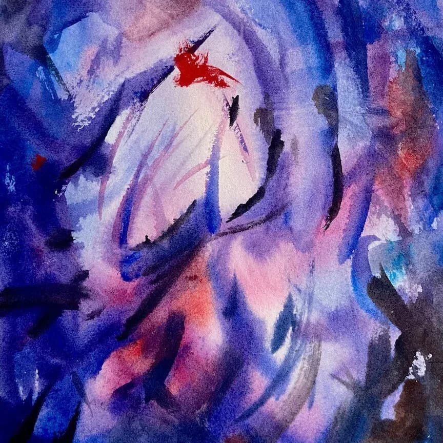 Abstract acrylic painting with sweeping brushwork in blue, purple, pink, and red tones.