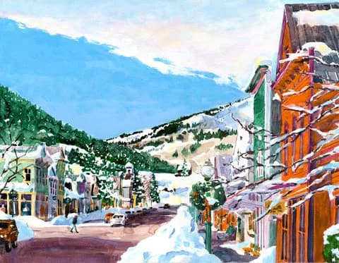 A watercolor street scene in Boulder with the Flatirons rising in the distance beyond downtown buildings and green landscape.