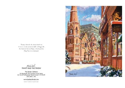 Snow-covered cathedral and mountain landscape rendered in watercolor with architectural detail and blue sky.