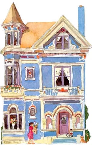 Watercolor illustration of a blue Victorian house with turret and ornamental details, featuring small figures at the entrance.