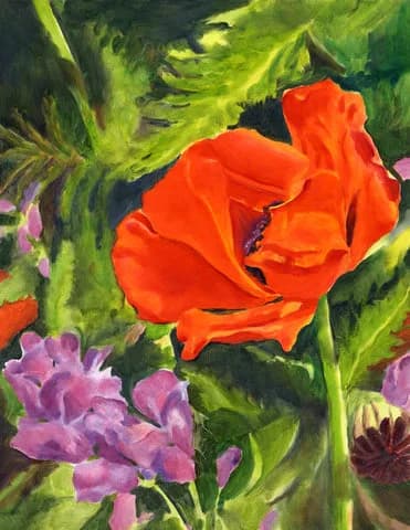 Bright red poppy with purple and pink flowers rendered in oil paint.
