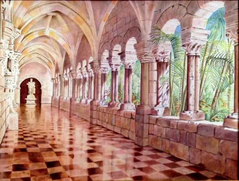 A sunlit colonnade with stone arches and columns, rendered in luminous watercolor tones of rose, cream, and green foliage.