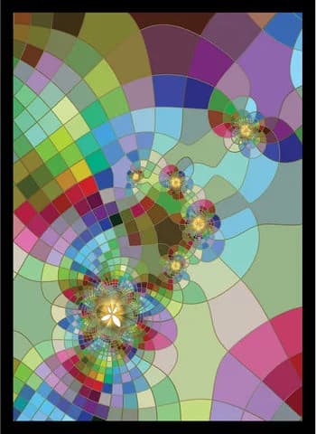 Digital fractal artwork with concentric geometric patterns in vibrant, layered color gradients.
