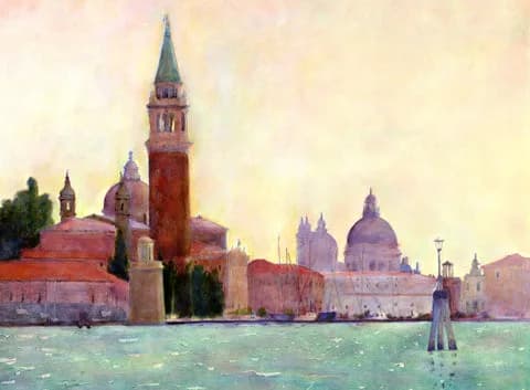 Watercolor painting of Venice's Grand Canal with Campanile bell tower and basilicas in soft morning light.