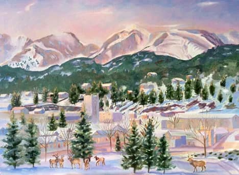 Winter landscape with snow-covered Boulder Flatirons, evergreen and aspen trees, and wild deer in the foreground.