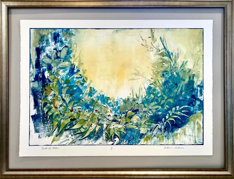 Garden of blue and yellow flowers bathed in soft impressionistic watercolor light.