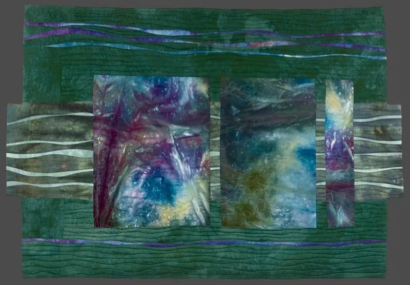 Layered mixed-media collage with paper, vibrant greens and purples, and abstract horizontal banding.