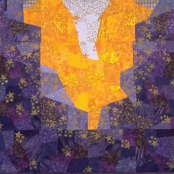 Symmetrical abstract composition with bright yellow geometric form and purple starry ground.