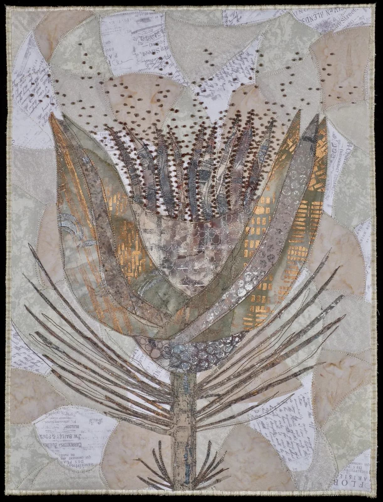 Abstract mixed-media flower form with collaged paper, ink, and organic seed-head patterns in warm and neutral tones.