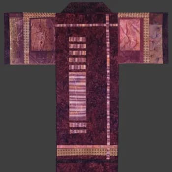 A geometric textile work in deep purple and gold-toned woven fabrics arranged in a kimono-inspired form.
