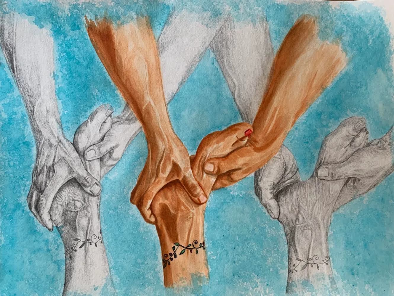 Three hands clasped together, rendered in mixed pencil and wash against a turquoise background.