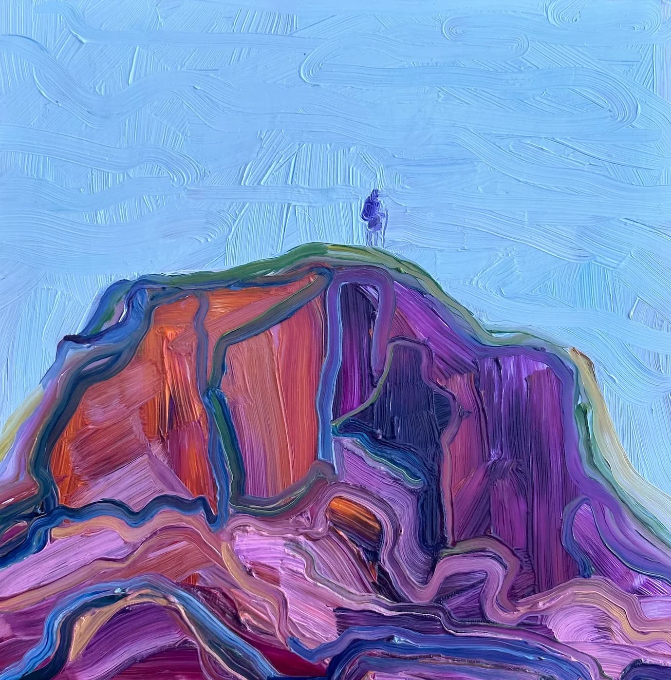 A small figure stands atop the Boulder Flatirons, rendered in expressive oil with vivid purple, orange, and blue hues.
