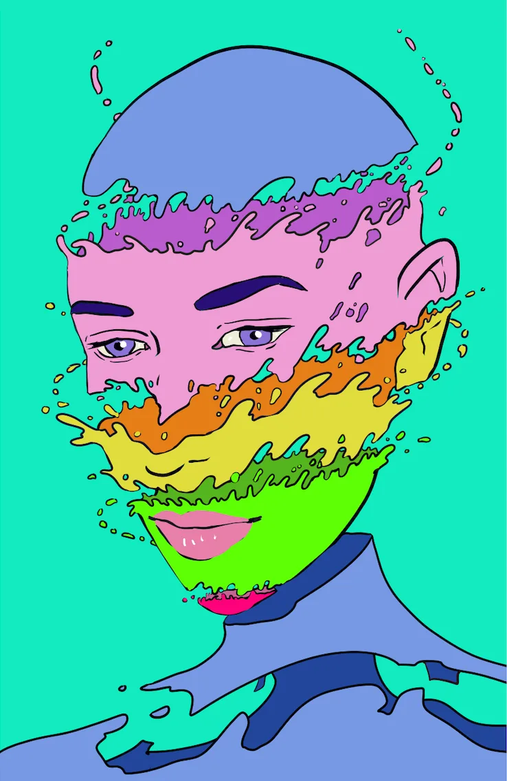 Vibrant portrait of a stylized face with layered, flowing color blocks in ink and digital media.
