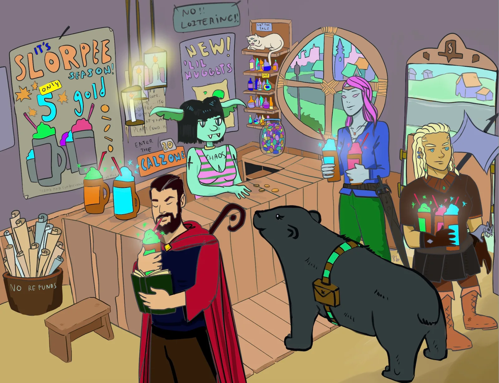 A vibrant digital illustration of a whimsical cafe scene with colorful characters, a large bear, and playful signage.