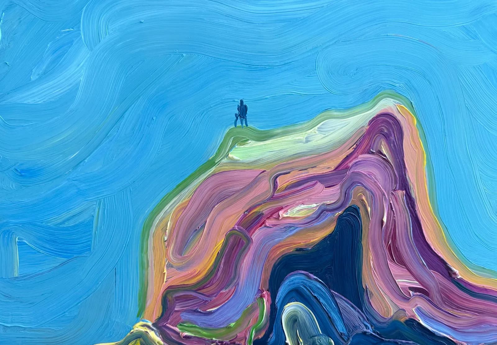 A small figure stands atop the Boulder Flatirons, rendered in flowing abstract oil paint with vivid purple, pink, and blue strokes.