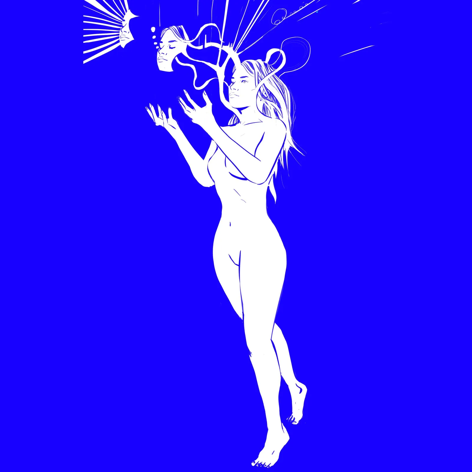 Line-drawn female figure with abstracted, expressive forms and surreal light rays against a saturated blue background.
