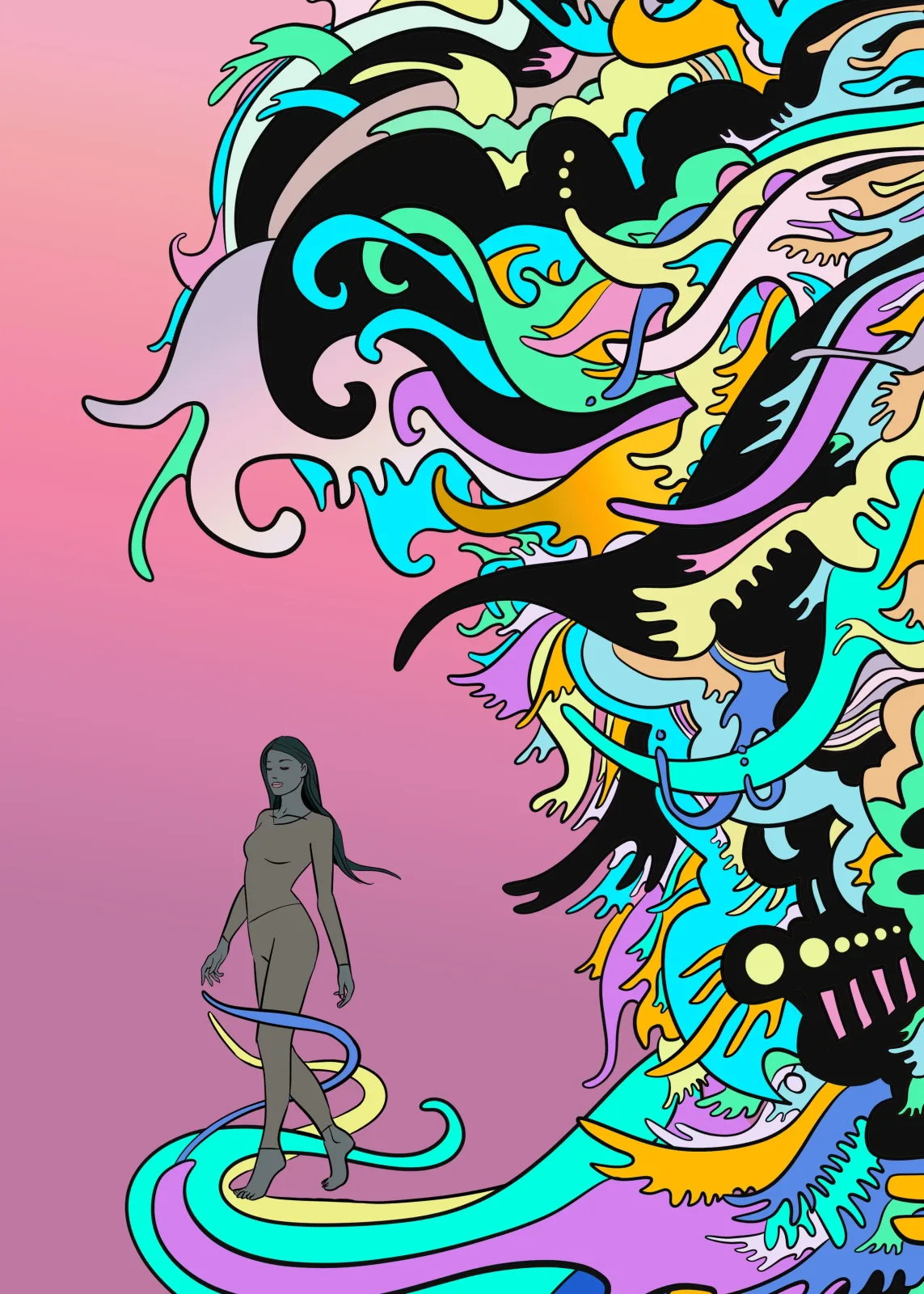 A stylized female figure stands amid flowing, psychedelic forms in vibrant neon hues against a pink background.