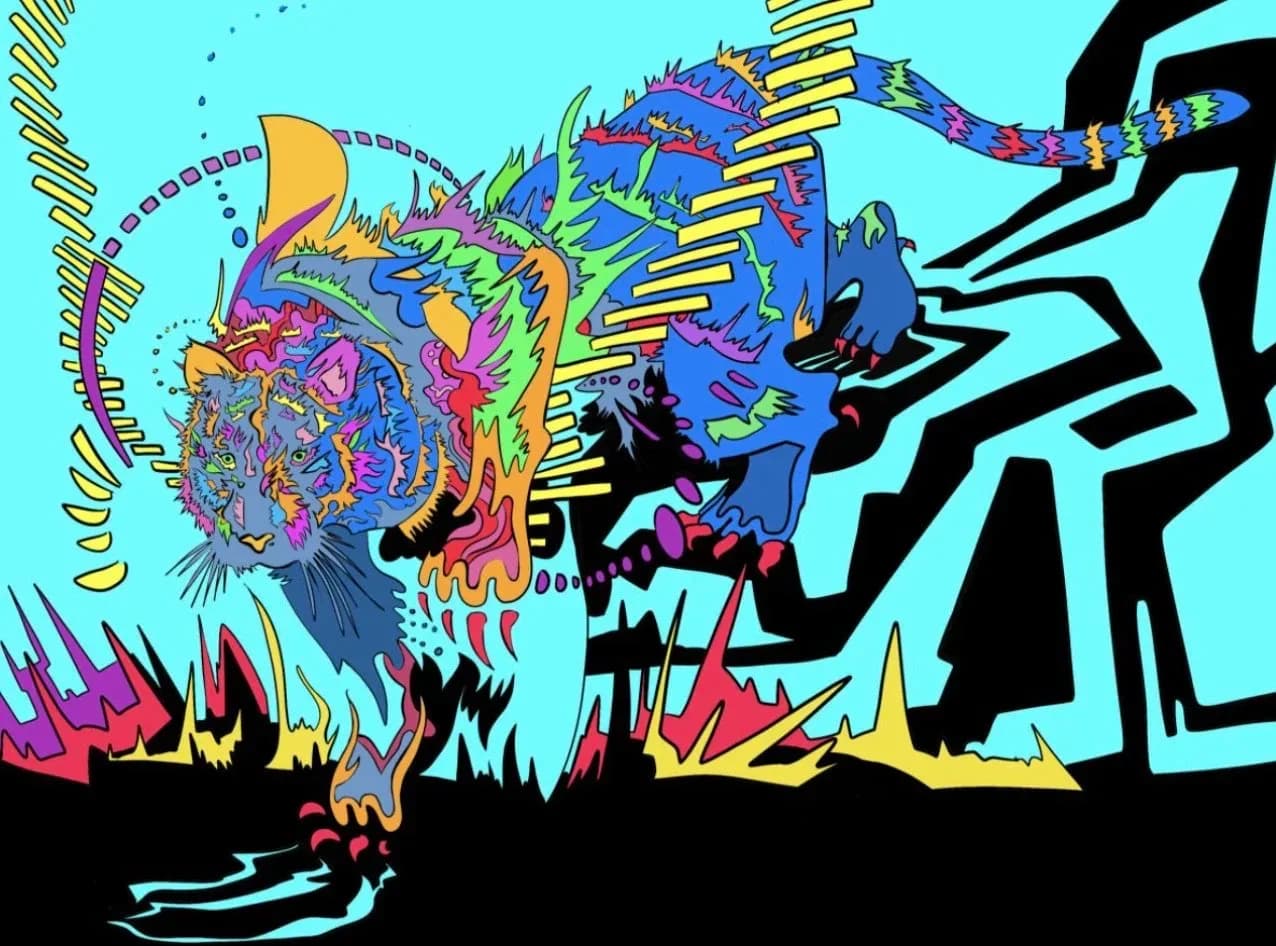 Neon-bright digital illustration with abstract creature forms and dynamic geometric shapes in vibrant cyan, magenta, yellow, and black.