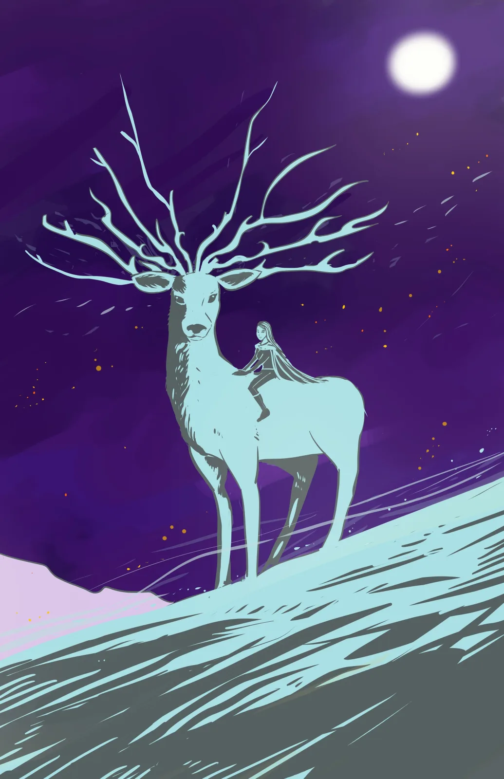A surreal deer with branching antlers and a winged figure on its back beneath a purple moonlit sky.