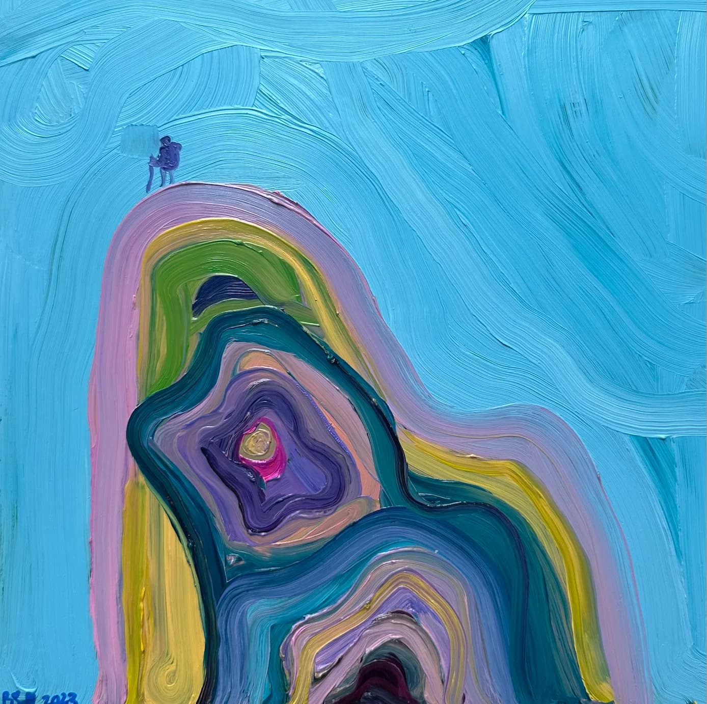 An abstract oil painting featuring layered curved forms in blue, purple, pink, and yellow with a small figure atop.
